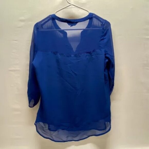 Express Ladies Blouse Small Royal Blue Semi Sheer 3/4 Roll Tab Sleeves V-Neck - Picture 3 of 7